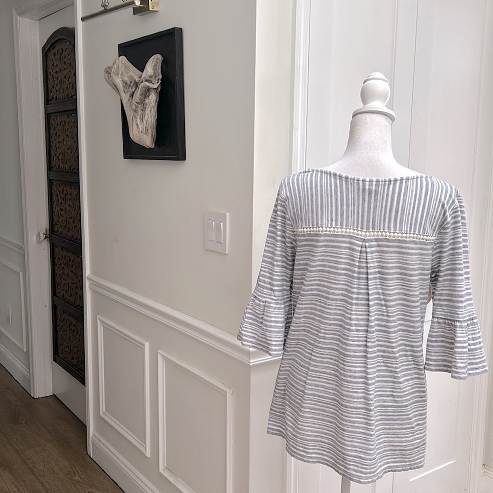 J Jill Womens Ruffle Sleeve Cotton Embroidered Striped Blouse Muted Blue M - Picture 3 of 11